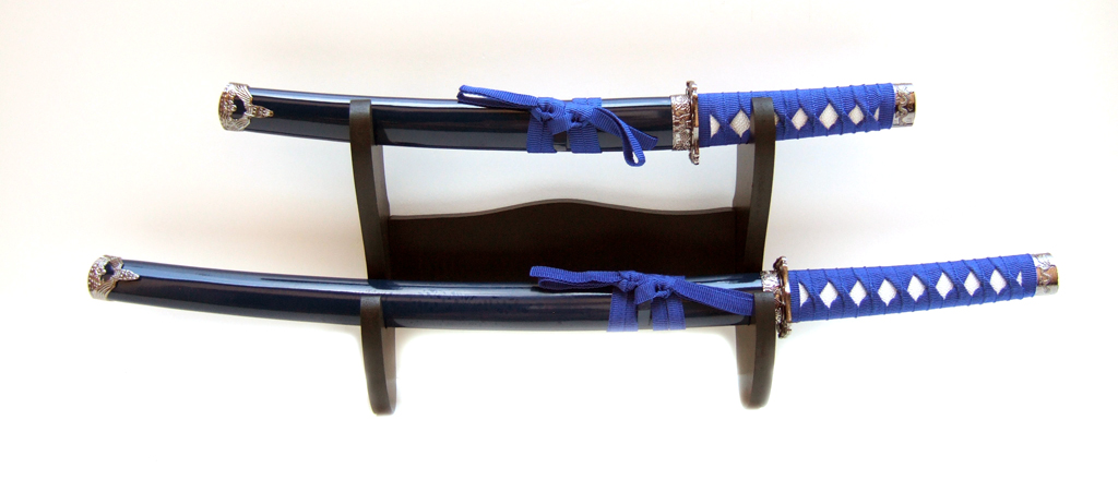 Samurai swords set, threeparted, blue with wallhanger 1