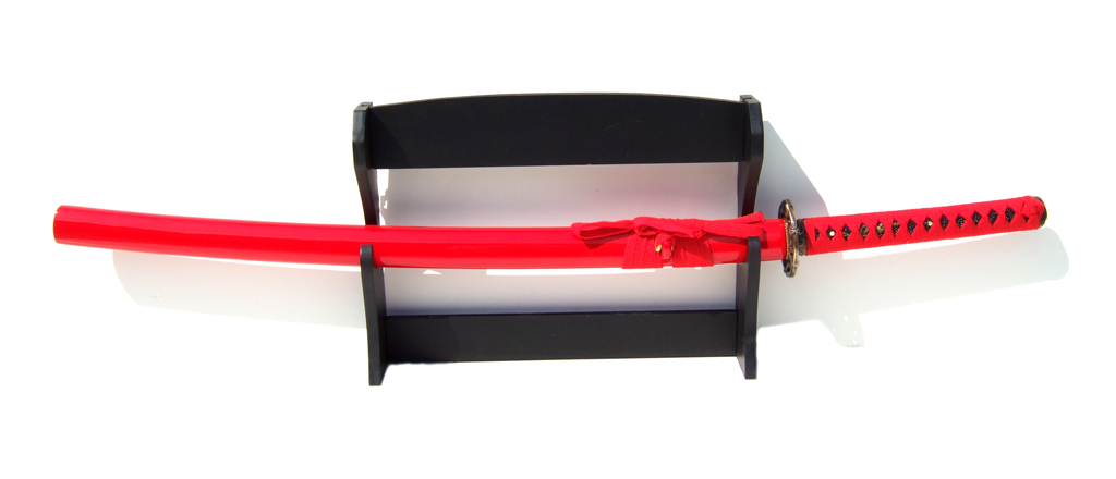 Damaskus Katana rot, handgefertigt mit Wandhalterung 1