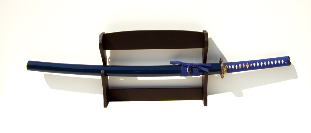 Samurai Katana blau, handgefertigt mit Wandhalterung 1